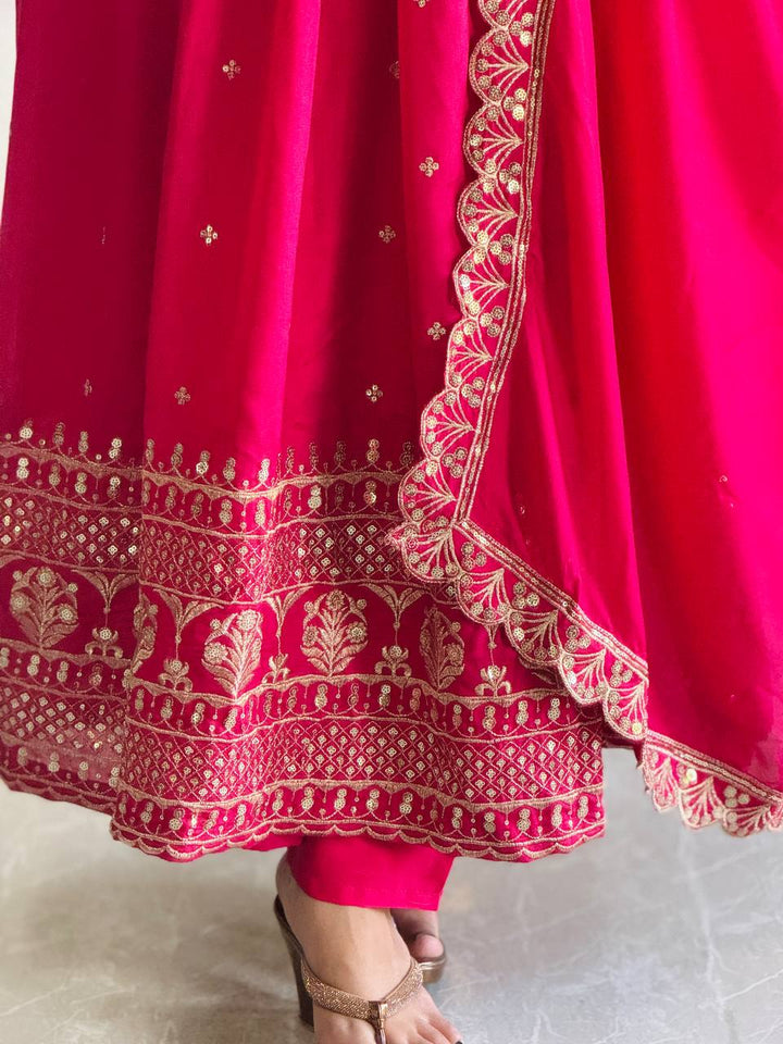 PINK BLOOMING VICHITRA SILK  WITH EMBROIDERY SEQUENCE DESIGN WORK ANARKALI SUIT - qivii