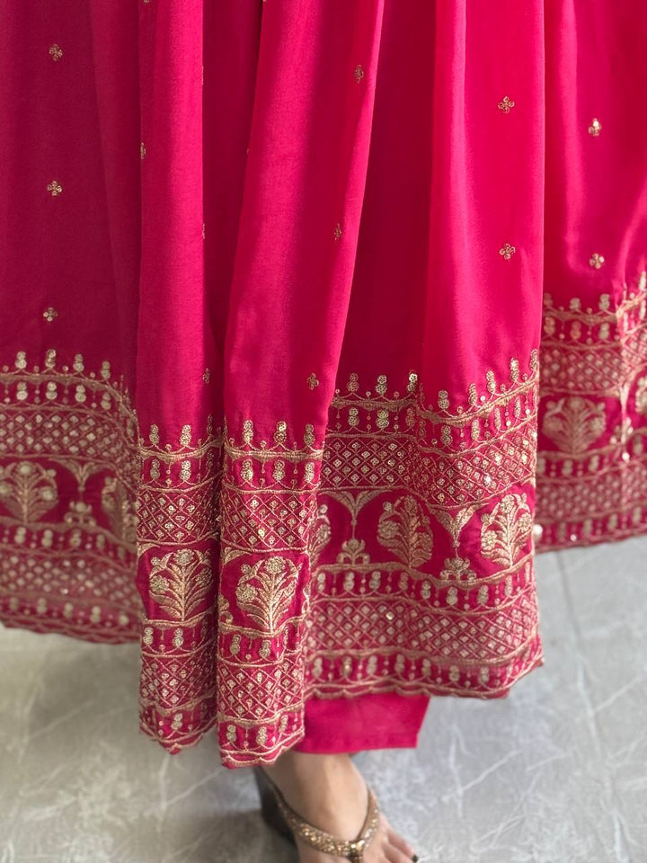 PINK BLOOMING VICHITRA SILK  WITH EMBROIDERY SEQUENCE DESIGN WORK ANARKALI SUIT - qivii