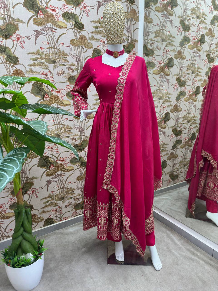 PINK BLOOMING VICHITRA SILK  WITH EMBROIDERY SEQUENCE DESIGN WORK ANARKALI SUIT - qivii