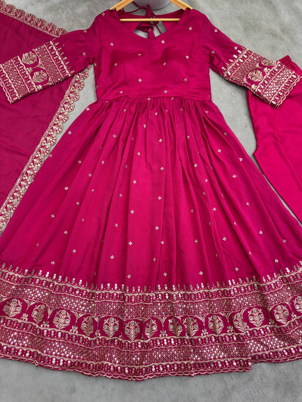 PINK BLOOMING VICHITRA SILK  WITH EMBROIDERY SEQUENCE DESIGN WORK ANARKALI SUIT - qivii