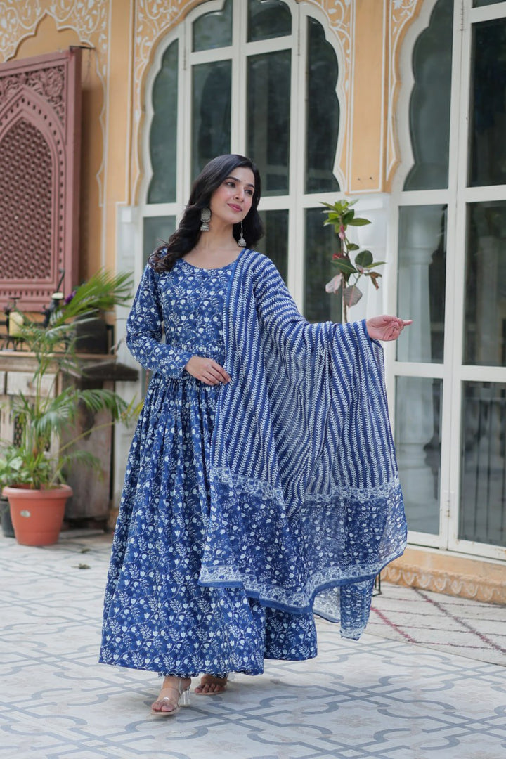 Blue Pure Cotton Fancy Round Neck Anarkali Suit - qivii