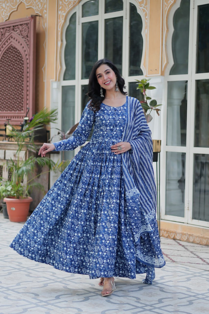 Blue Pure Cotton Fancy Round Neck Anarkali Suit - qivii