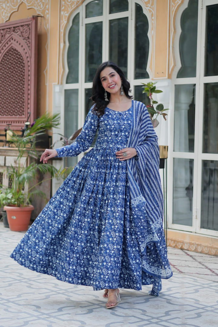 Blue Pure Cotton Fancy Round Neck Anarkali Suit - qivii