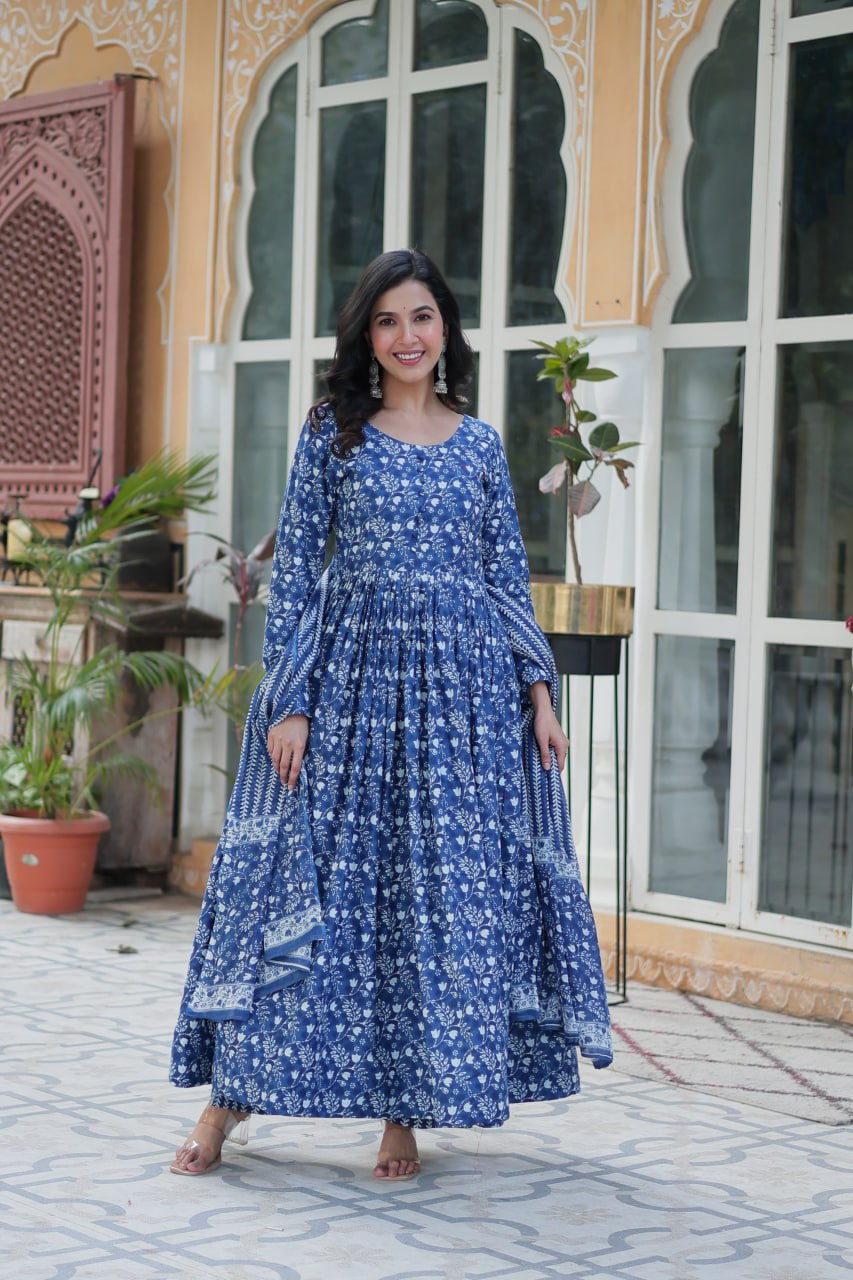 Blue Pure Cotton Fancy Round Neck Anarkali Suit - qivii