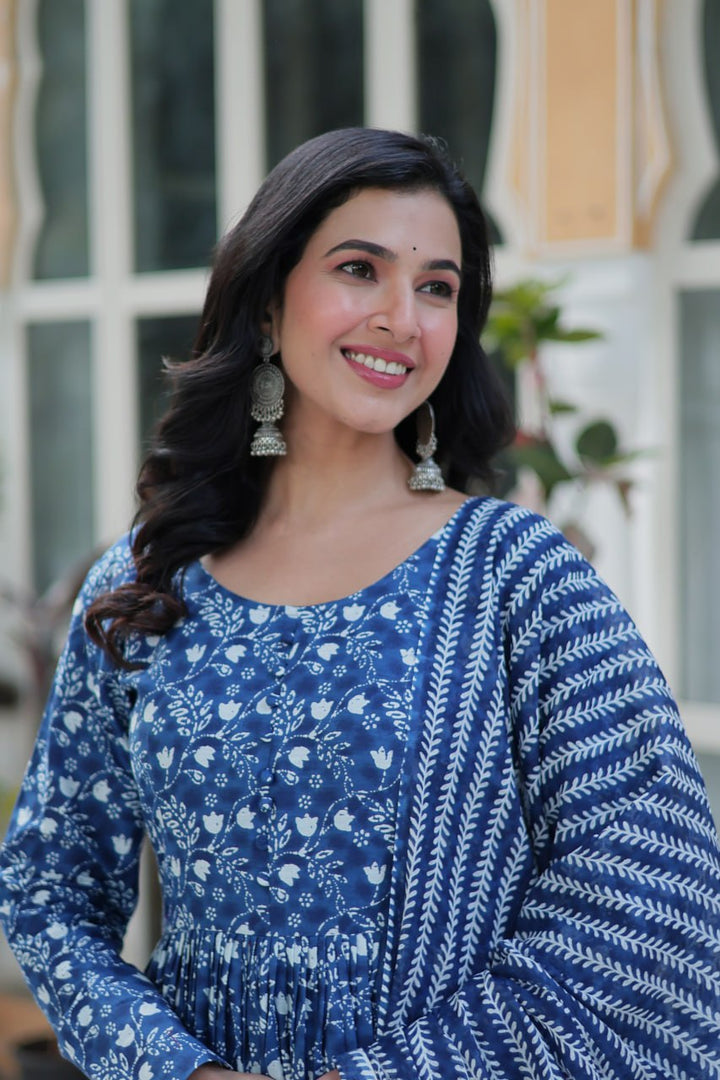 Blue Pure Cotton Fancy Round Neck Anarkali Suit - qivii