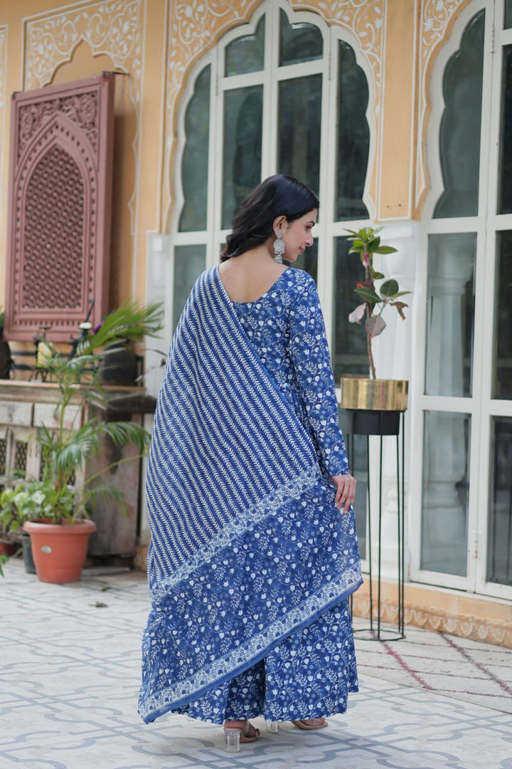 Blue Pure Cotton Fancy Round Neck Anarkali Suit - qivii