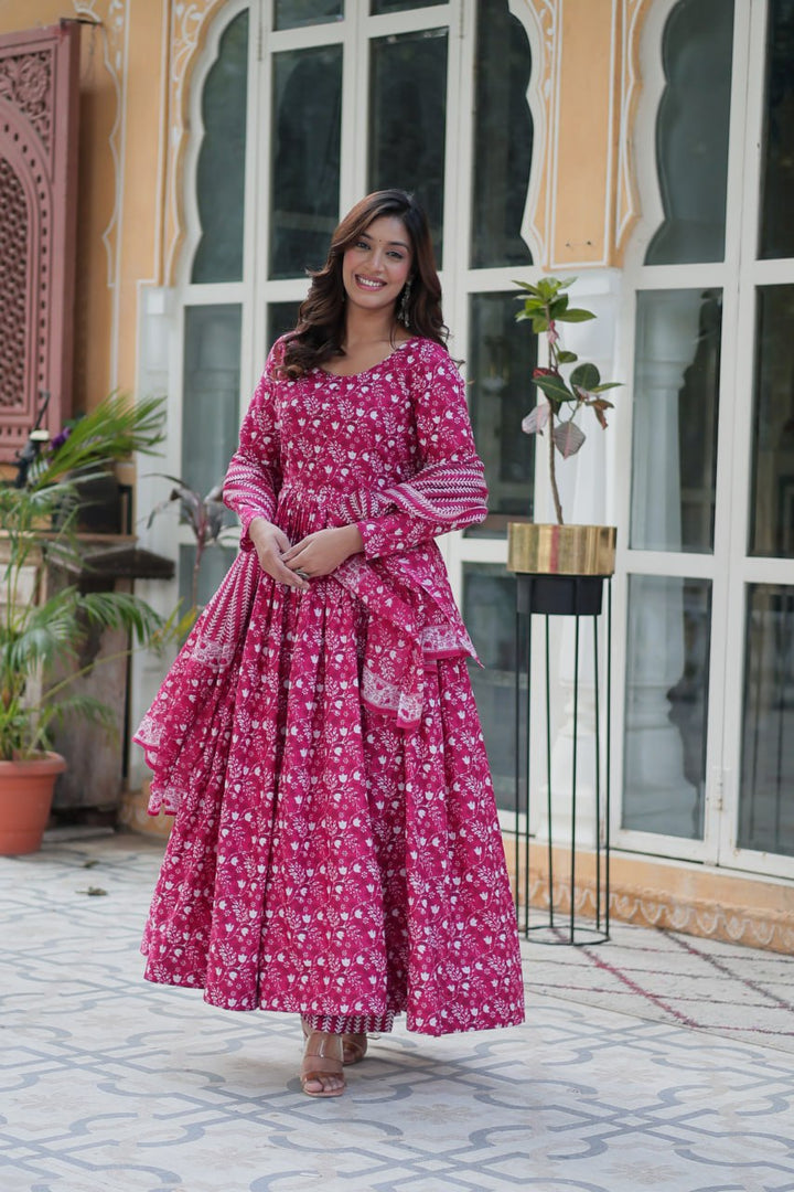 Pink Pure Cotton Fancy Round Neck Anarkali Suit - qivii