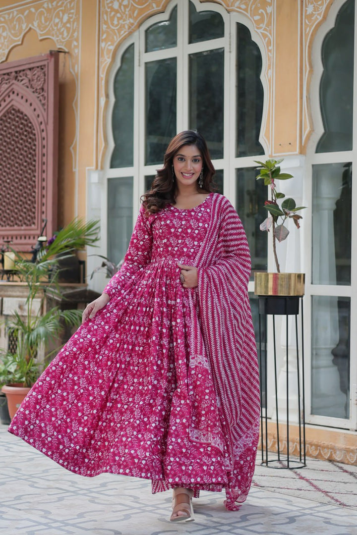 Pink Pure Cotton Fancy Round Neck Anarkali Suit - qivii