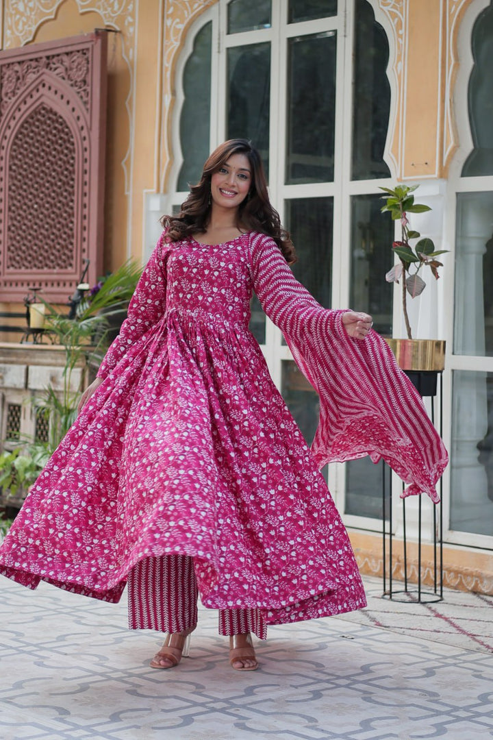 Pink Pure Cotton Fancy Round Neck Anarkali Suit - qivii