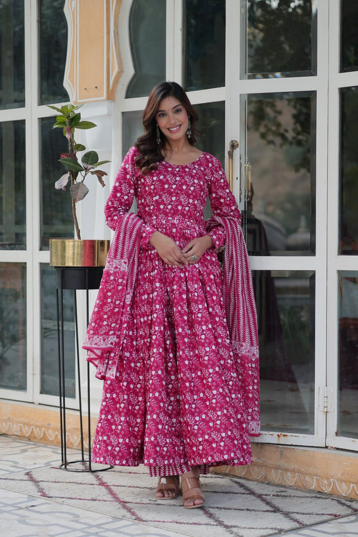 Pink Pure Cotton Fancy Round Neck Anarkali Suit - qivii