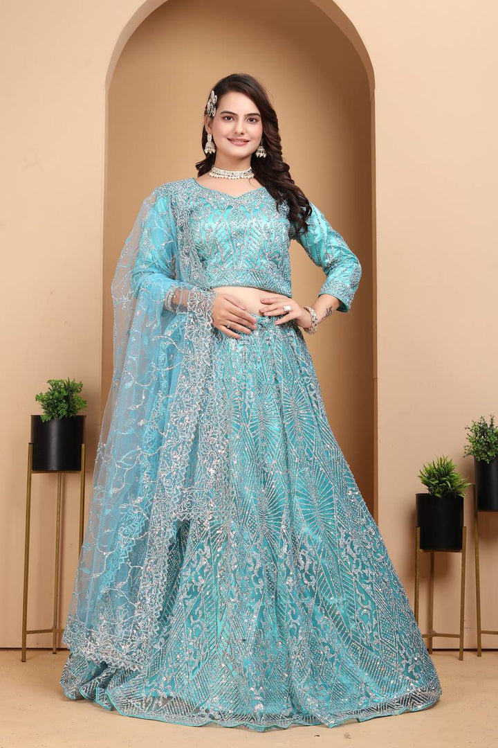 BLUE HEAVY NET DESIGNER PURE ZARKHAN DIAMOND AND GLITTER SEQUENCE DESIGN WORK LEHENGA - INSPIRED | Ready To Wear - qivii