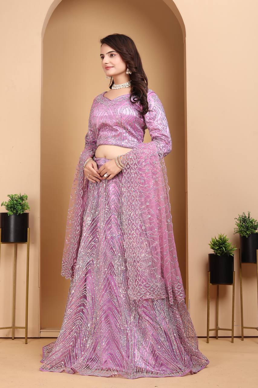 PURPLE HEAVY NET DESIGNER PURE ZARKHAN DIAMOND AND GLITTER SEQUENCE DESIGN WORK LEHENGA - INSPIRED | Ready To Wear - qivii