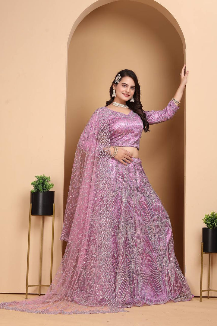 PURPLE HEAVY NET DESIGNER PURE ZARKHAN DIAMOND AND GLITTER SEQUENCE DESIGN WORK LEHENGA - INSPIRED | Ready To Wear - qivii