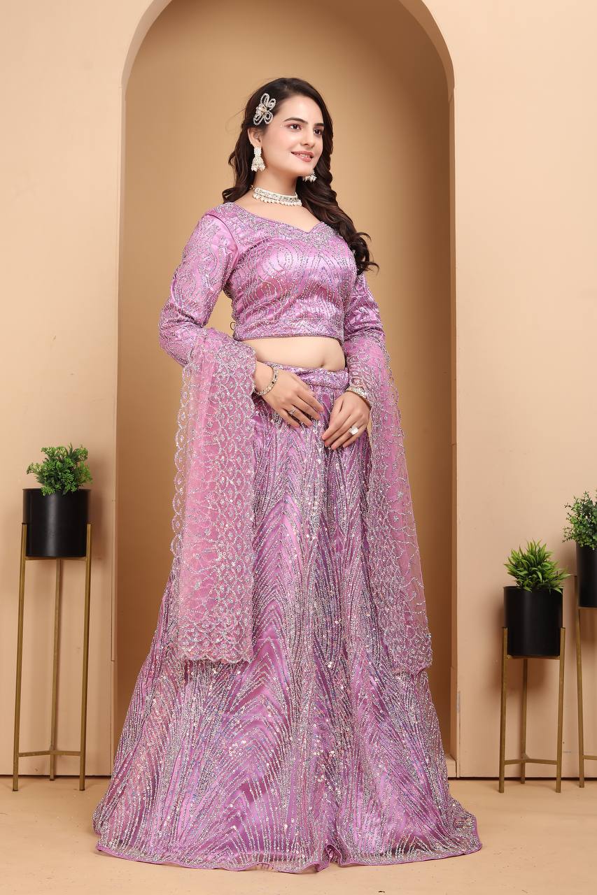 PURPLE HEAVY NET DESIGNER PURE ZARKHAN DIAMOND AND GLITTER SEQUENCE DESIGN WORK LEHENGA - INSPIRED | Ready To Wear - qivii