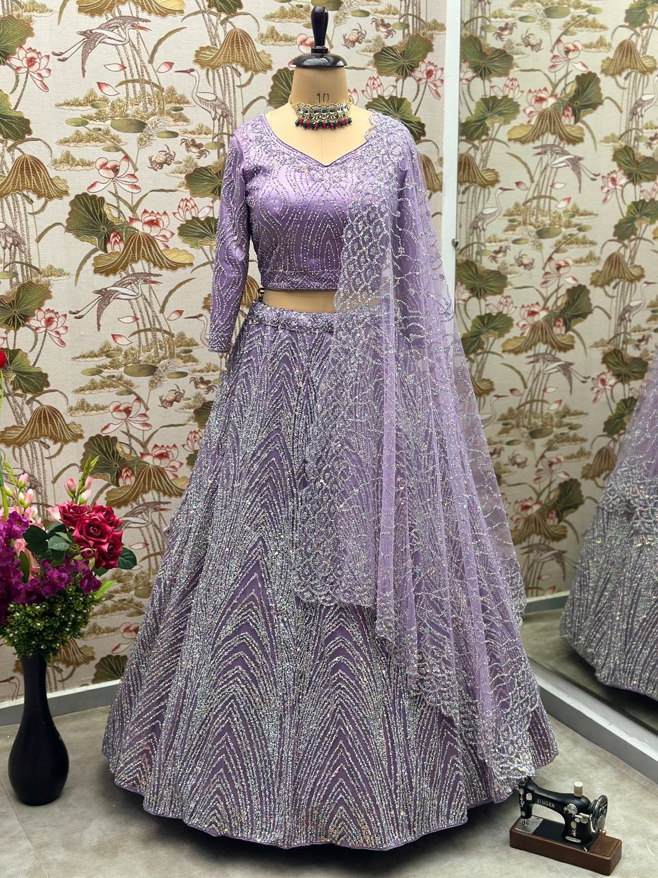 PURPLE HEAVY NET DESIGNER PURE ZARKHAN DIAMOND AND GLITTER SEQUENCE DESIGN WORK LEHENGA - INSPIRED | Ready To Wear - qivii