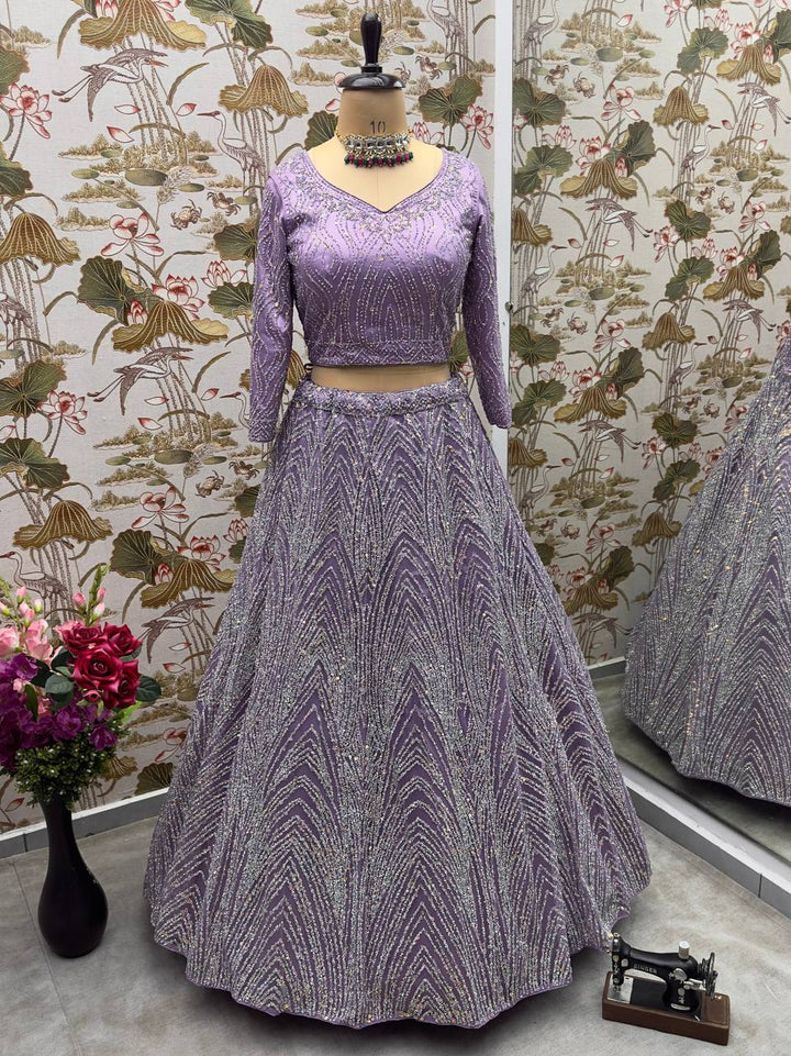 PURPLE HEAVY NET DESIGNER PURE ZARKHAN DIAMOND AND GLITTER SEQUENCE DESIGN WORK LEHENGA - INSPIRED | Ready To Wear - qivii