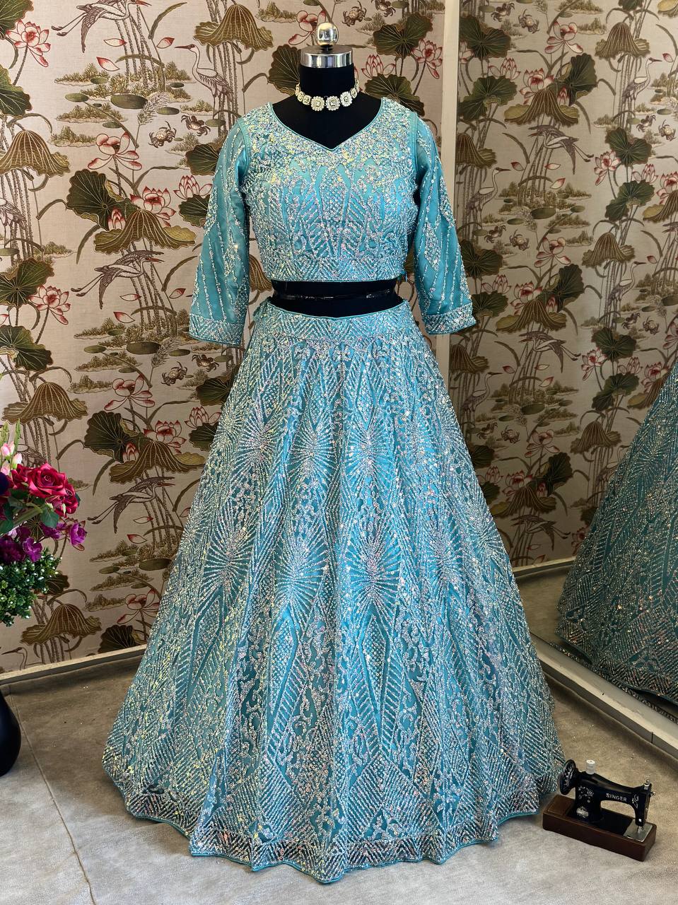 BLUE HEAVY NET DESIGNER PURE ZARKHAN DIAMOND AND GLITTER SEQUENCE DESIGN WORK LEHENGA - INSPIRED | Ready To Wear - qivii
