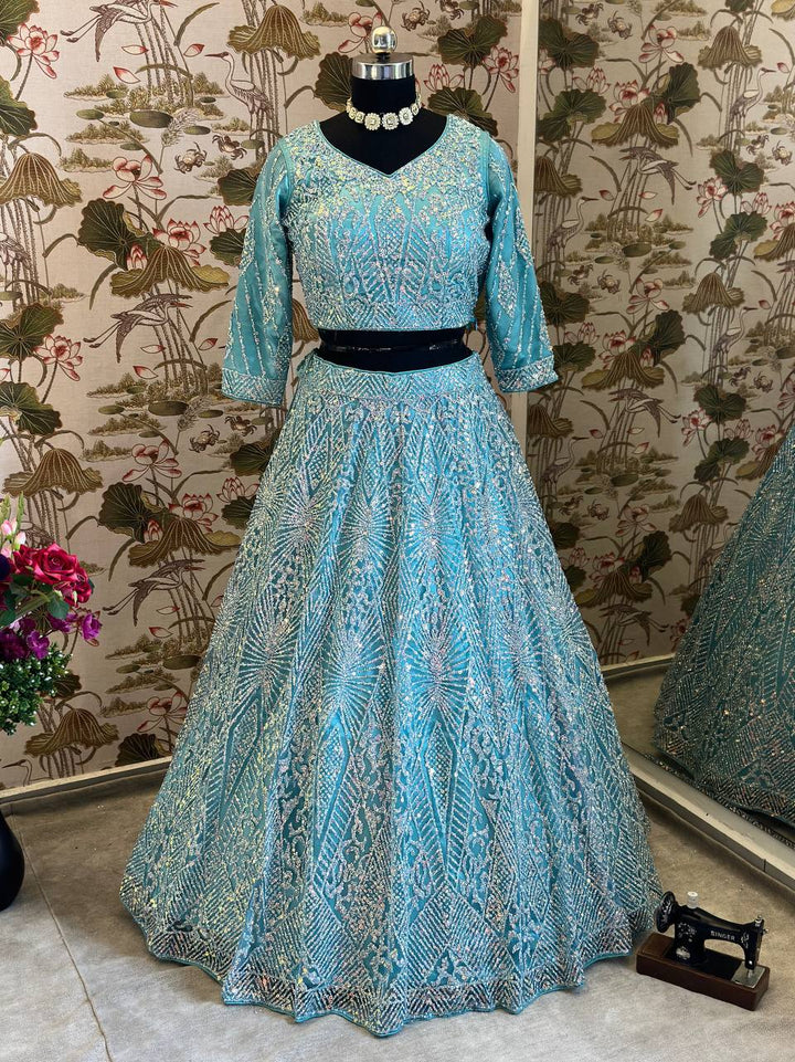 BLUE HEAVY NET DESIGNER PURE ZARKHAN DIAMOND AND GLITTER SEQUENCE DESIGN WORK LEHENGA - INSPIRED | Ready To Wear - qivii