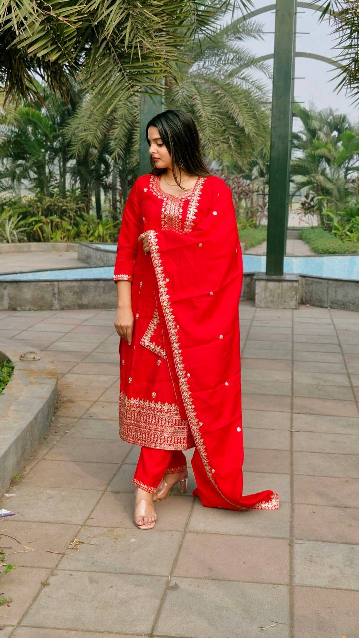RED ROMAN SILK WITH EMBROIDERY SEQUENCE DESIGN WORK KURTA SET - INSPIRED - qivii
