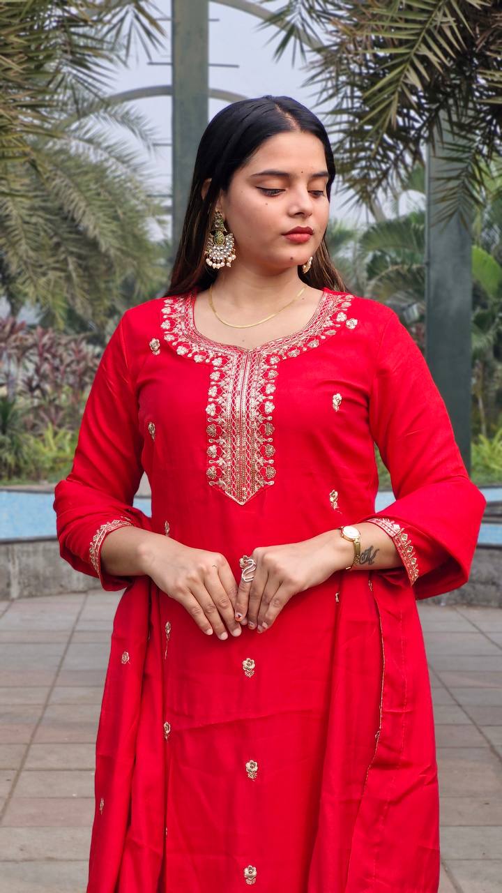 RED ROMAN SILK WITH EMBROIDERY SEQUENCE DESIGN WORK KURTA SET - INSPIRED - qivii