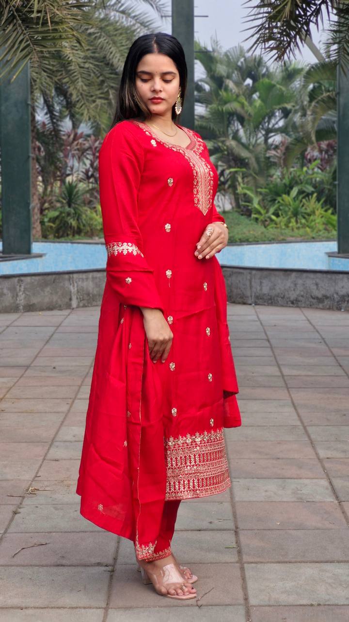 RED ROMAN SILK WITH EMBROIDERY SEQUENCE DESIGN WORK KURTA SET - INSPIRED - qivii