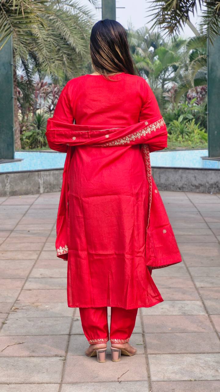 RED ROMAN SILK WITH EMBROIDERY SEQUENCE DESIGN WORK KURTA SET - INSPIRED - qivii