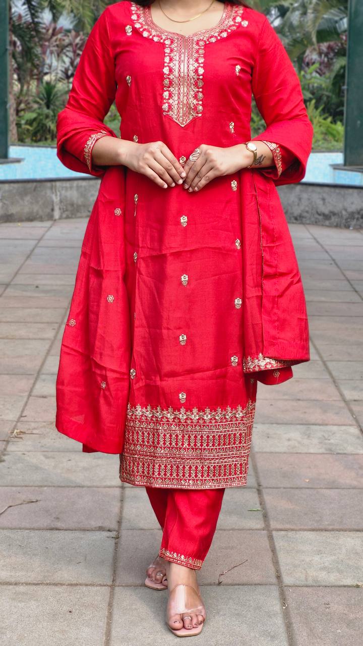 RED ROMAN SILK WITH EMBROIDERY SEQUENCE DESIGN WORK KURTA SET - INSPIRED - qivii