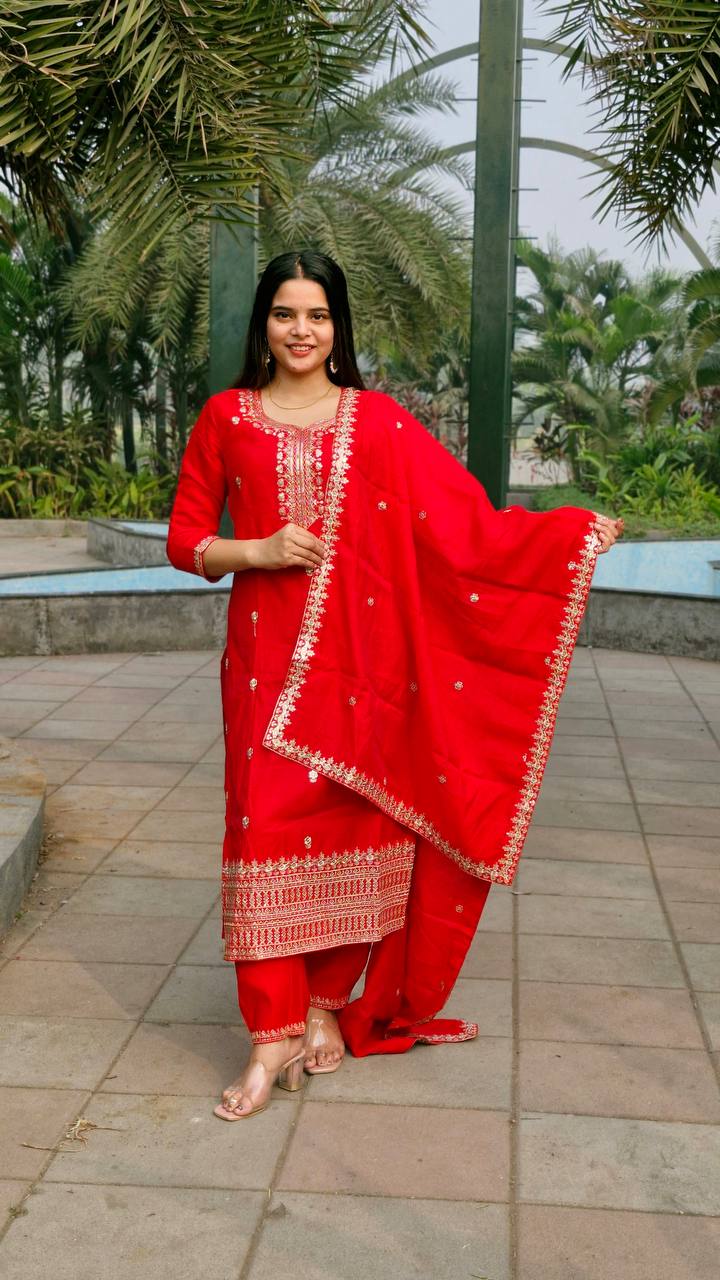 RED ROMAN SILK WITH EMBROIDERY SEQUENCE DESIGN WORK KURTA SET - INSPIRED - qivii