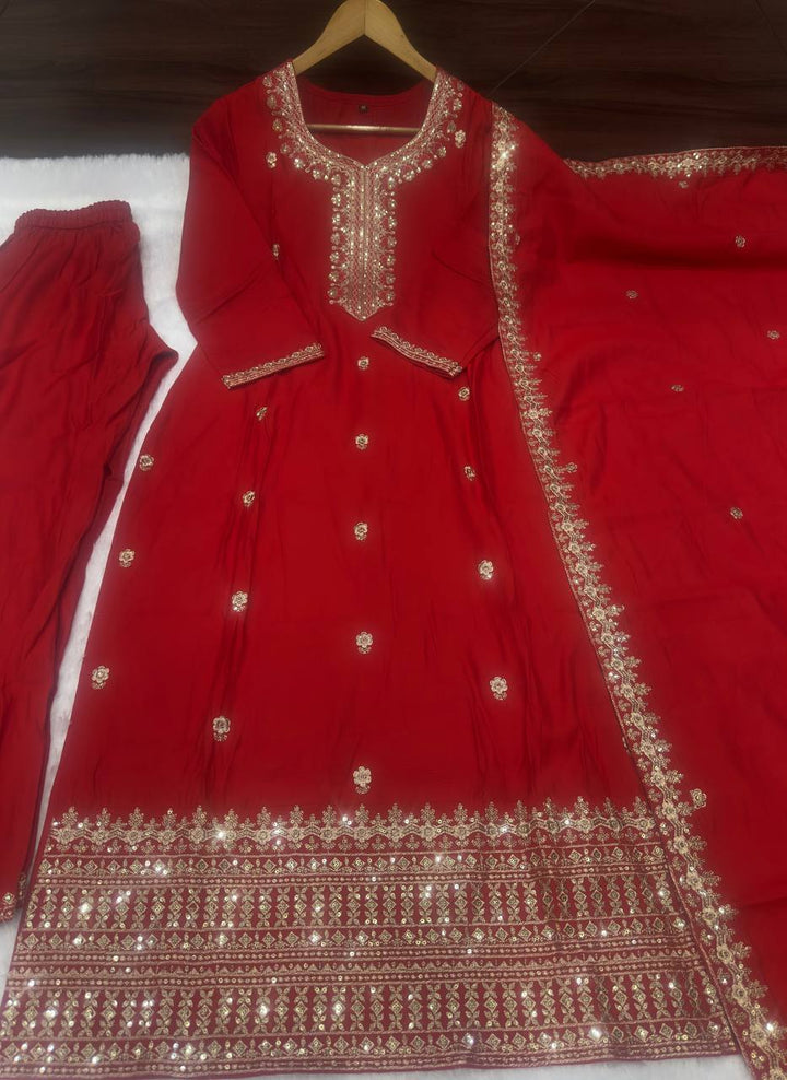 RED ROMAN SILK WITH EMBROIDERY SEQUENCE DESIGN WORK KURTA SET - INSPIRED - qivii