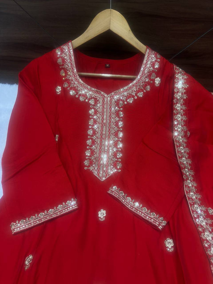 RED ROMAN SILK WITH EMBROIDERY SEQUENCE DESIGN WORK KURTA SET - INSPIRED - qivii