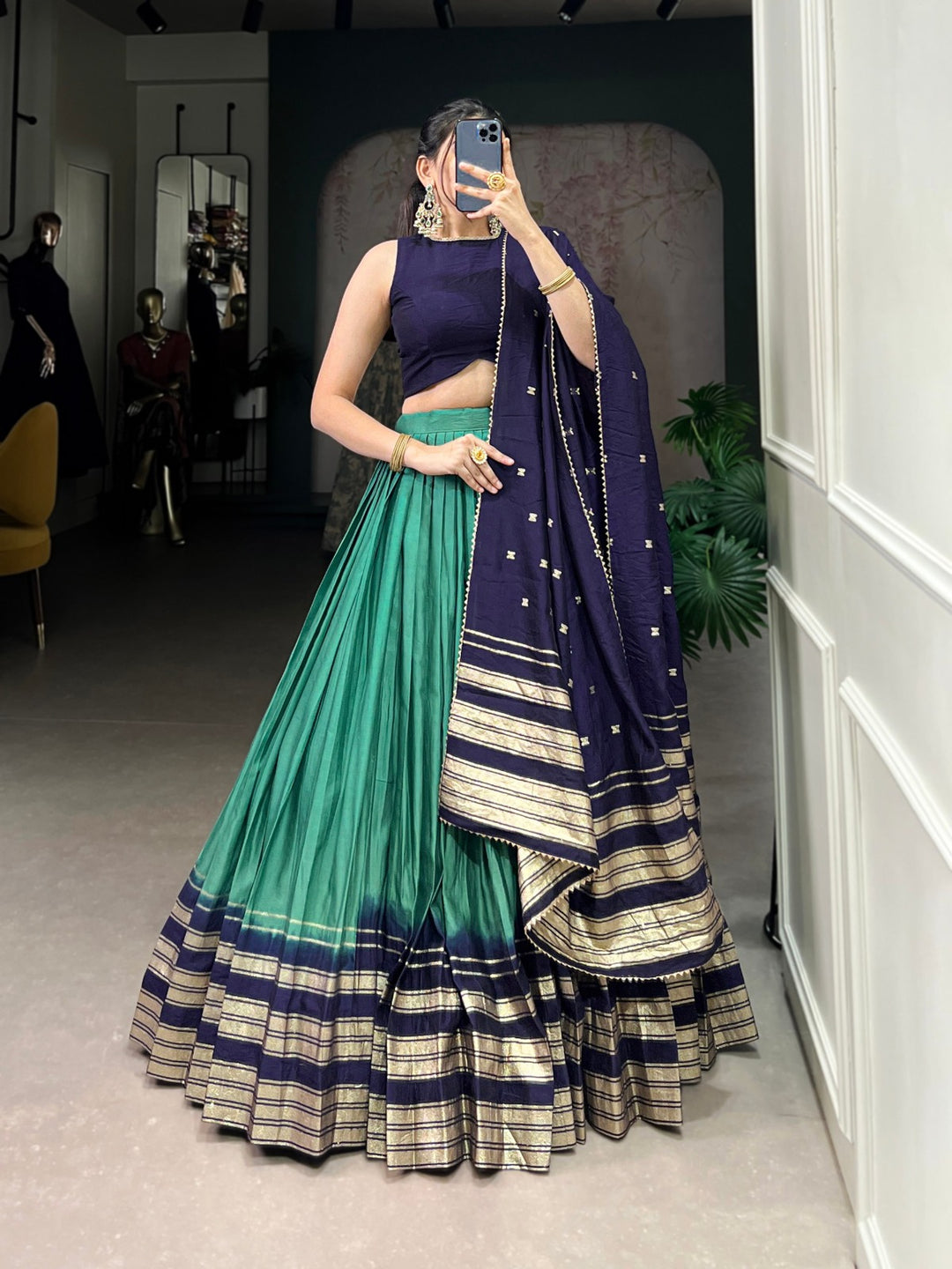 Green Pure Chanderi Plain With Zari Weaving Work Border Lehenga Choli - INSPIRED | Ready To Wear - qivii