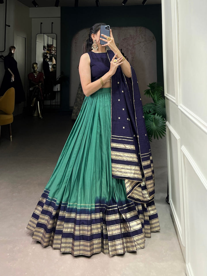 Green Pure Chanderi Plain With Zari Weaving Work Border Lehenga Choli - INSPIRED | Ready To Wear - qivii