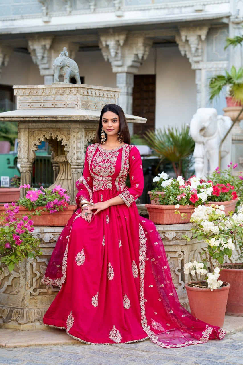 Pink Vichitra Silk Sequins and Thread Embroidery Work With Lace Touch Up Gown - qivii