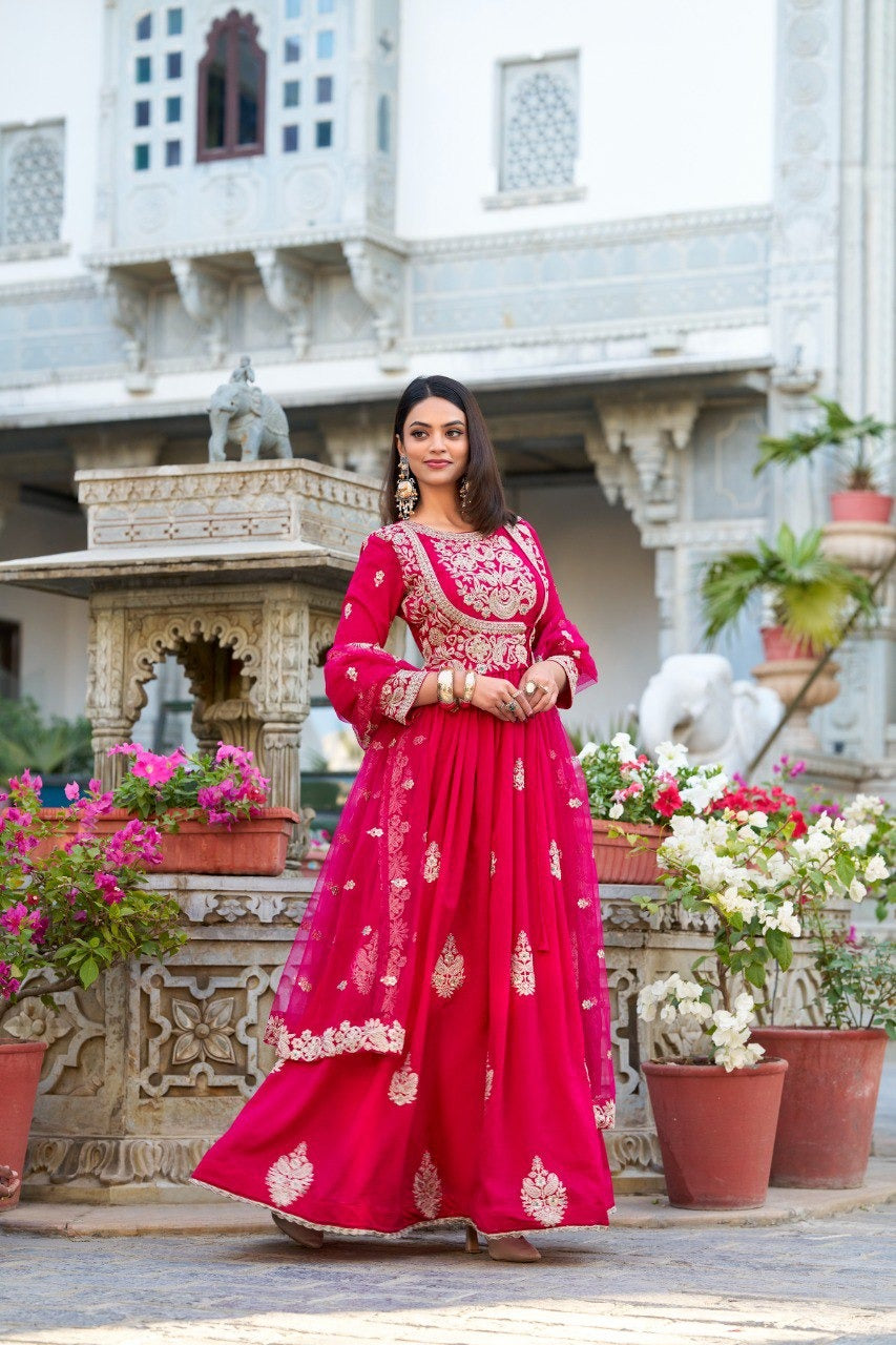 Pink Vichitra Silk Sequins and Thread Embroidery Work With Lace Touch Up Gown - qivii