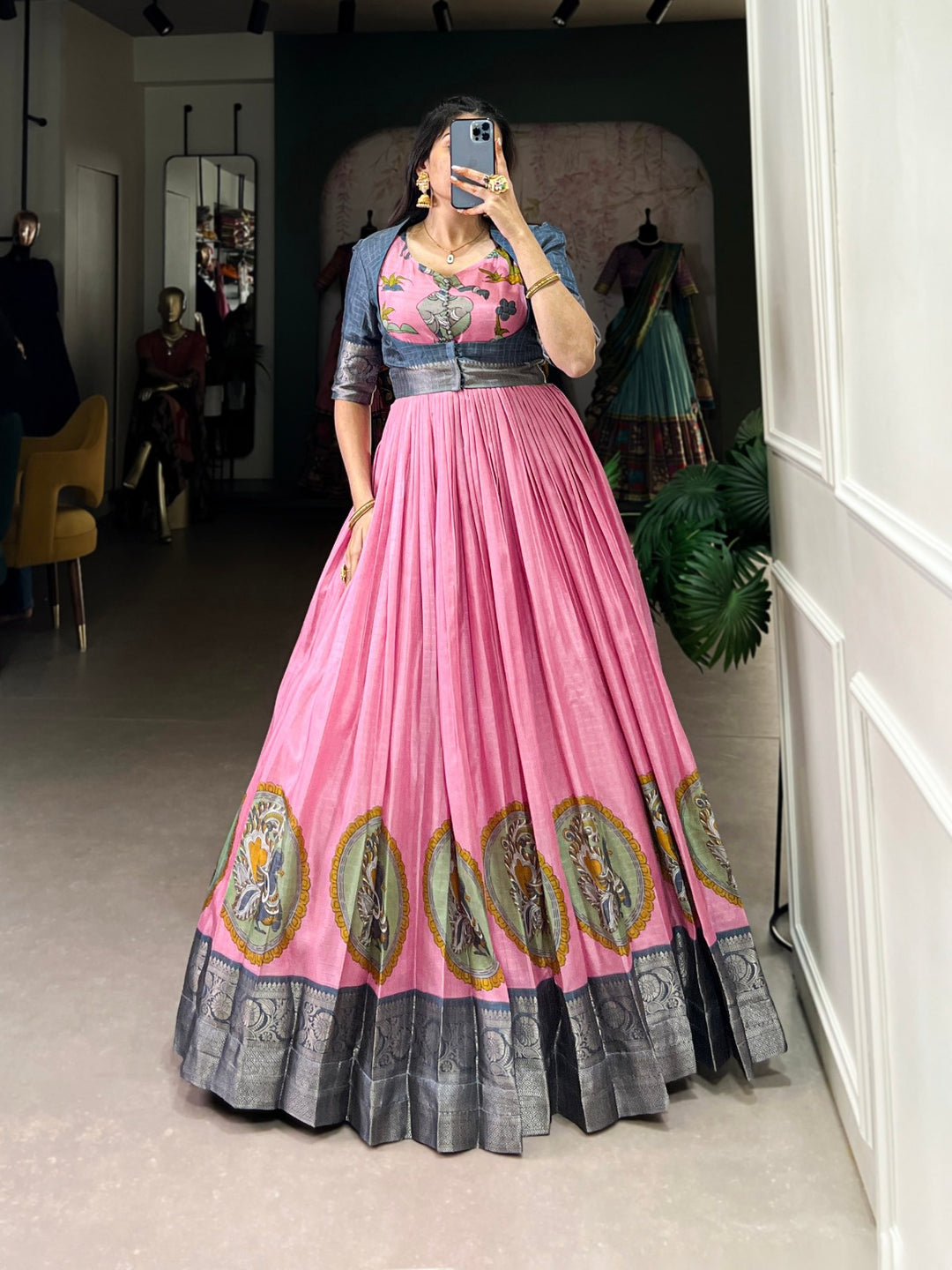 Pink Dola Silk Kalamkari Print With Zari Weaving Broder Gown - INSPIRED - qivii