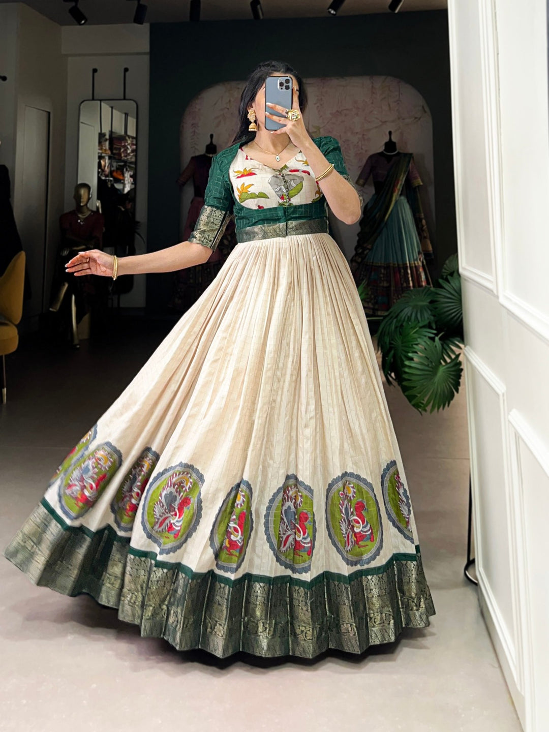 Green Dola Silk Kalamkari Print With Zari Weaving Broder Gown - INSPIRED - qivii