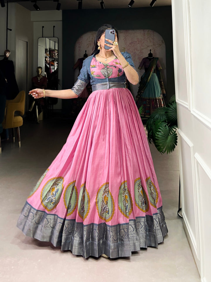 Pink Dola Silk Kalamkari Print With Zari Weaving Broder Gown - INSPIRED - qivii