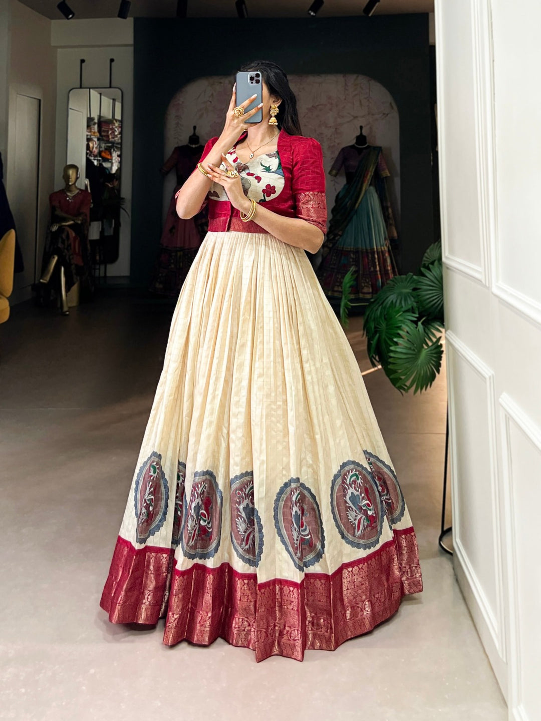 Red Dola Silk Kalamkari Print With Zari Weaving Broder Gown - INSPIRED - qivii
