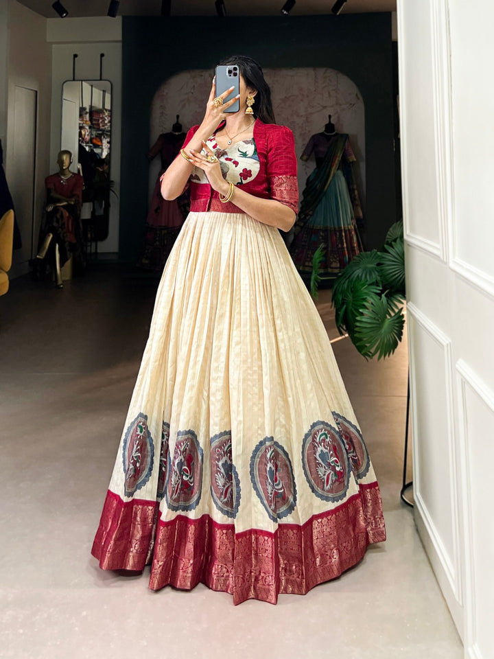 Red Dola Silk Kalamkari Print With Zari Weaving Broder Gown - INSPIRED - qivii