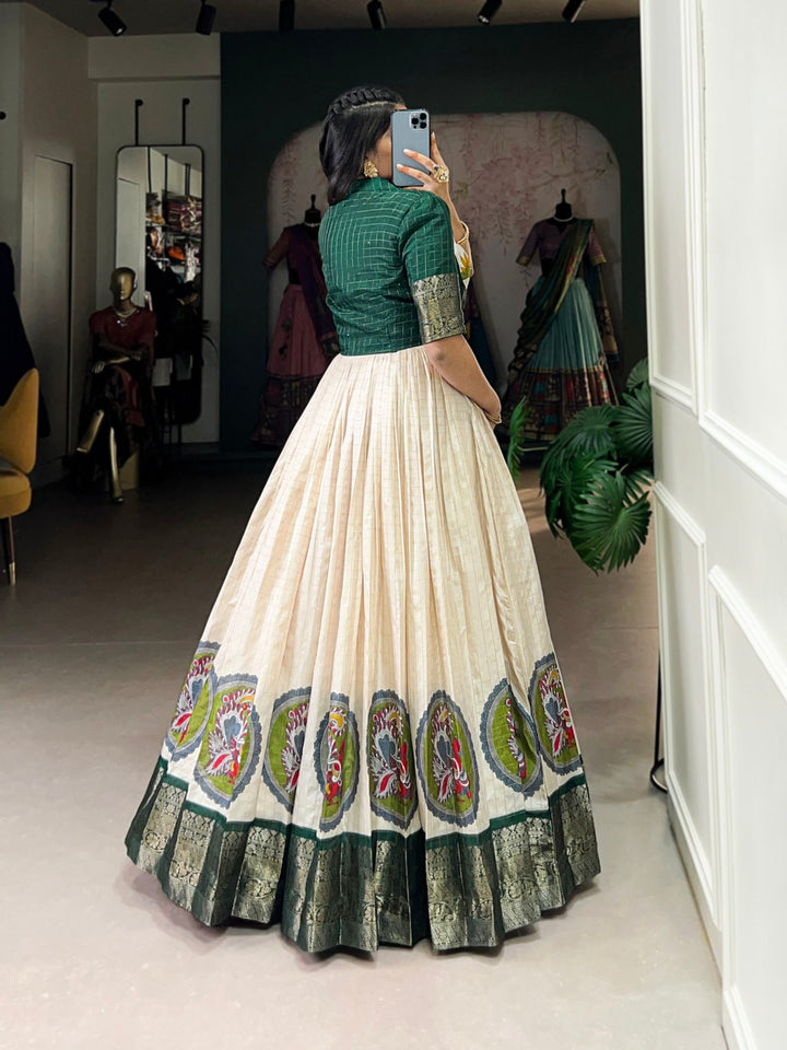 Green Dola Silk Kalamkari Print With Zari Weaving Broder Gown - INSPIRED - qivii