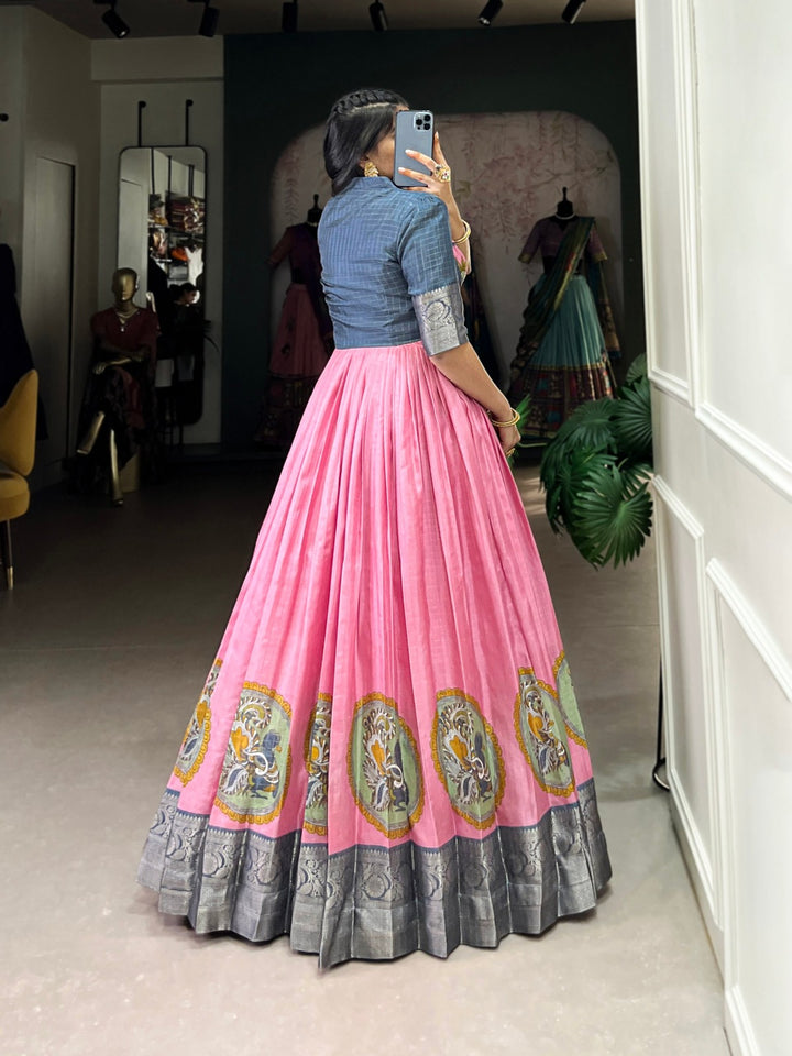 Pink Dola Silk Kalamkari Print With Zari Weaving Broder Gown - INSPIRED - qivii