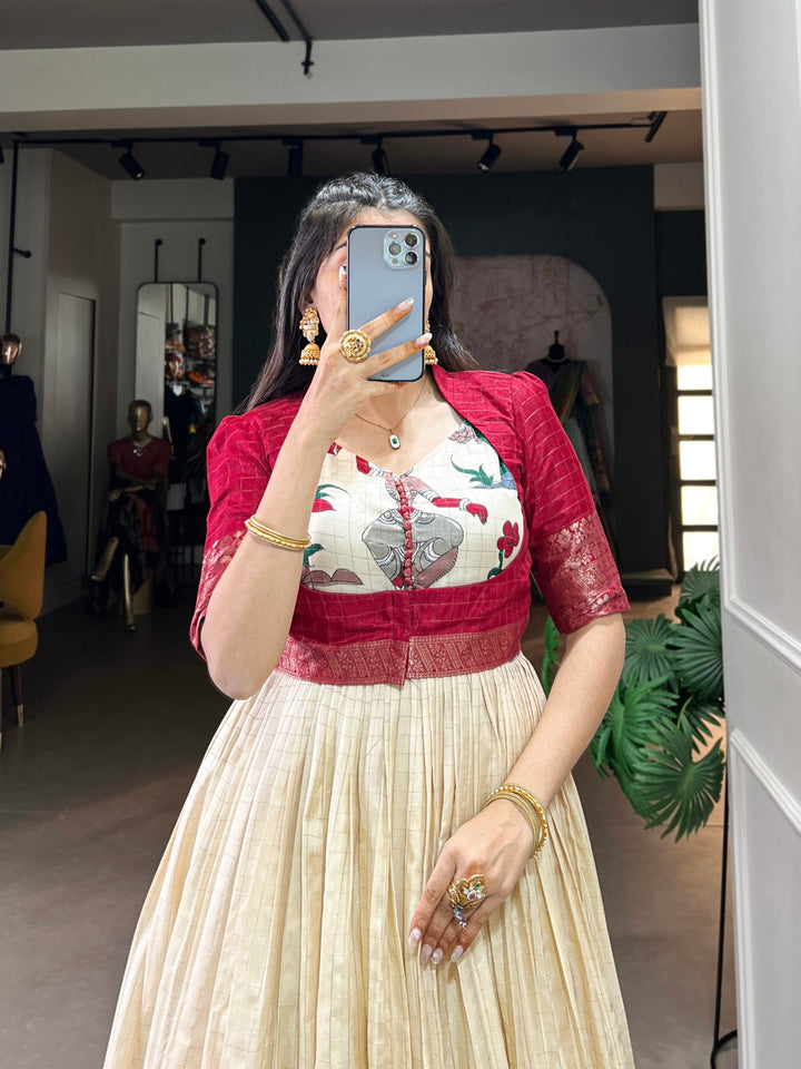 Red Dola Silk Kalamkari Print With Zari Weaving Broder Gown - INSPIRED - qivii