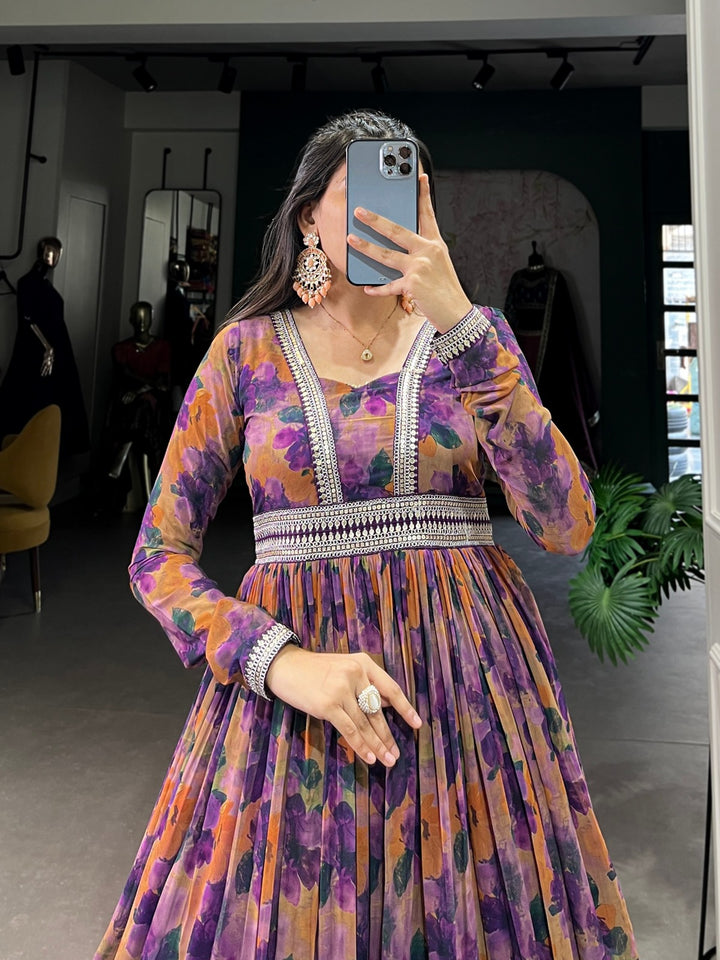 Purple Georgette Floral print with Lace Border Gown - INSPIRED - qivii