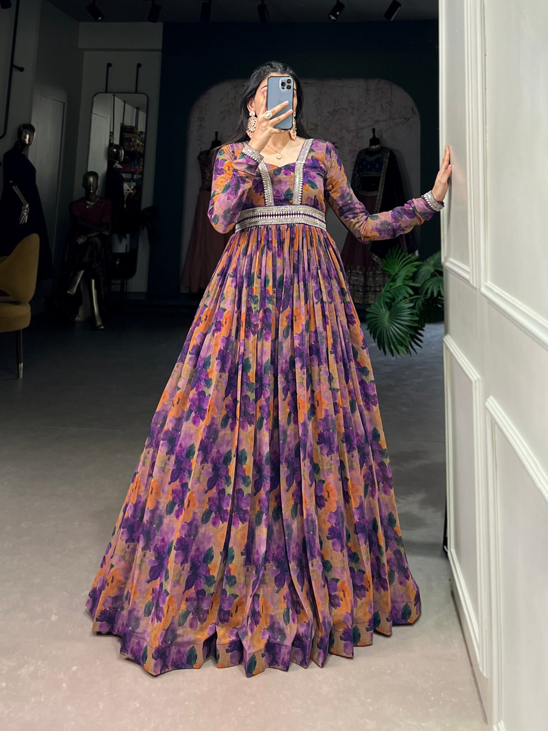 Purple Georgette Floral print with Lace Border Gown - INSPIRED - qivii