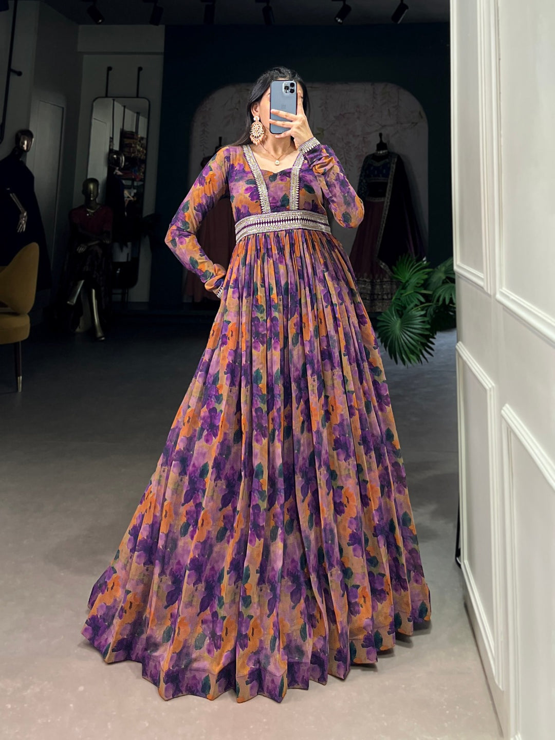 Purple Georgette Floral print with Lace Border Gown - INSPIRED - qivii