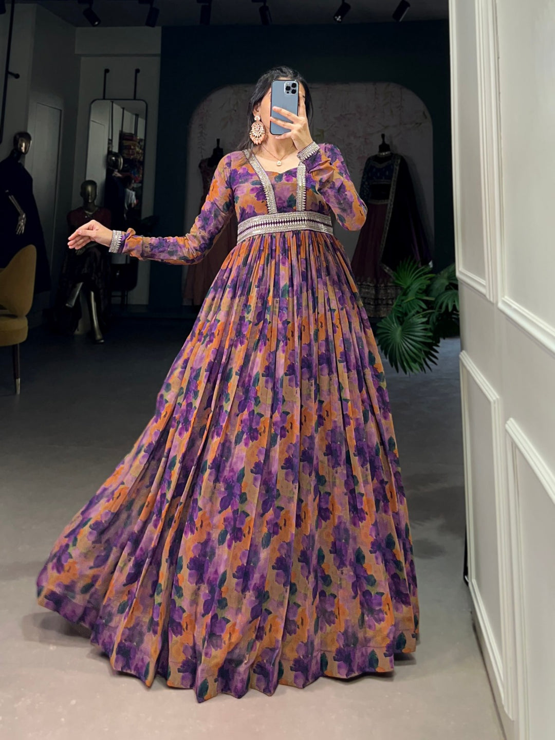 Purple Georgette Floral print with Lace Border Gown - INSPIRED - qivii