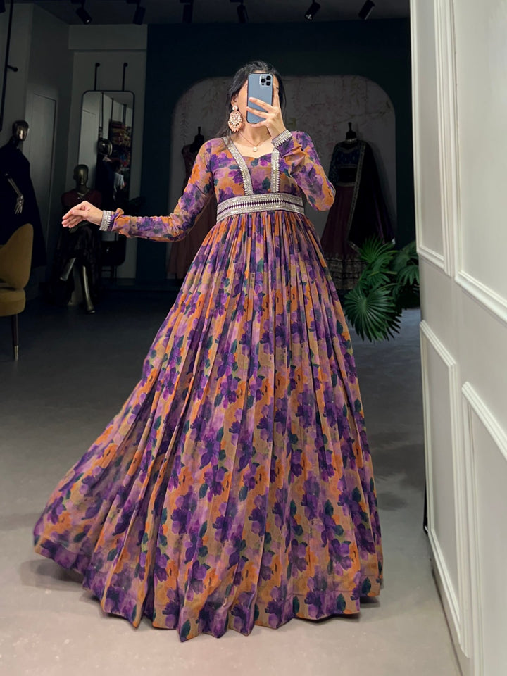 Purple Georgette Floral print with Lace Border Gown - INSPIRED - qivii