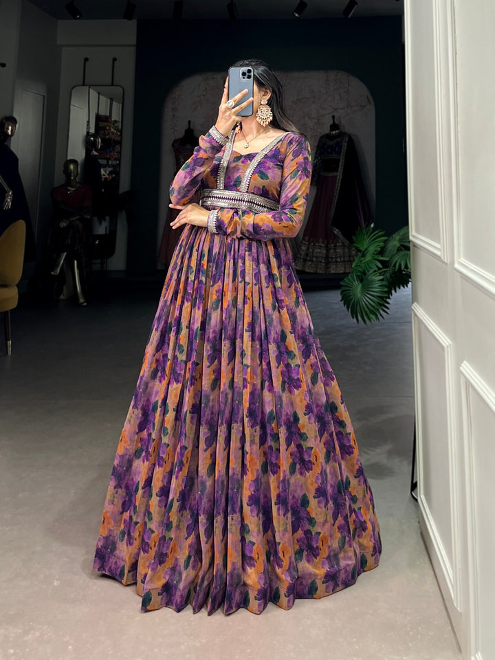 Purple Georgette Floral print with Lace Border Gown - INSPIRED - qivii
