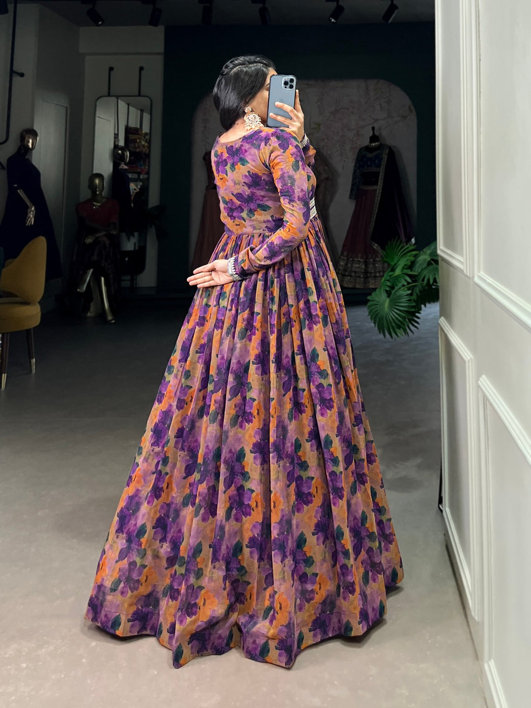 Purple Georgette Floral print with Lace Border Gown - INSPIRED - qivii