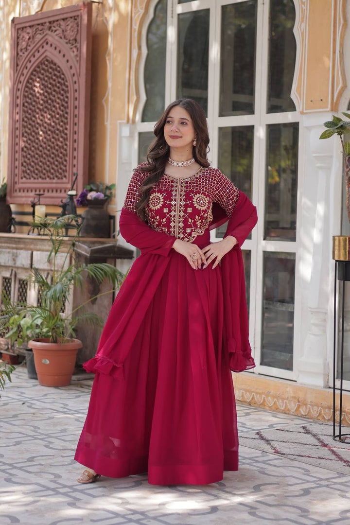Maroon Faux Blooming Georgette With Attractive embroidered Work Gown - qivii